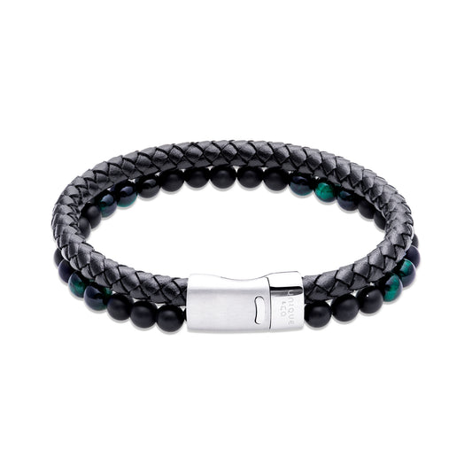 Unique & Co. 21cm Black Leather Bracelet with Onyx & Malachite Beads & Steel Clasp