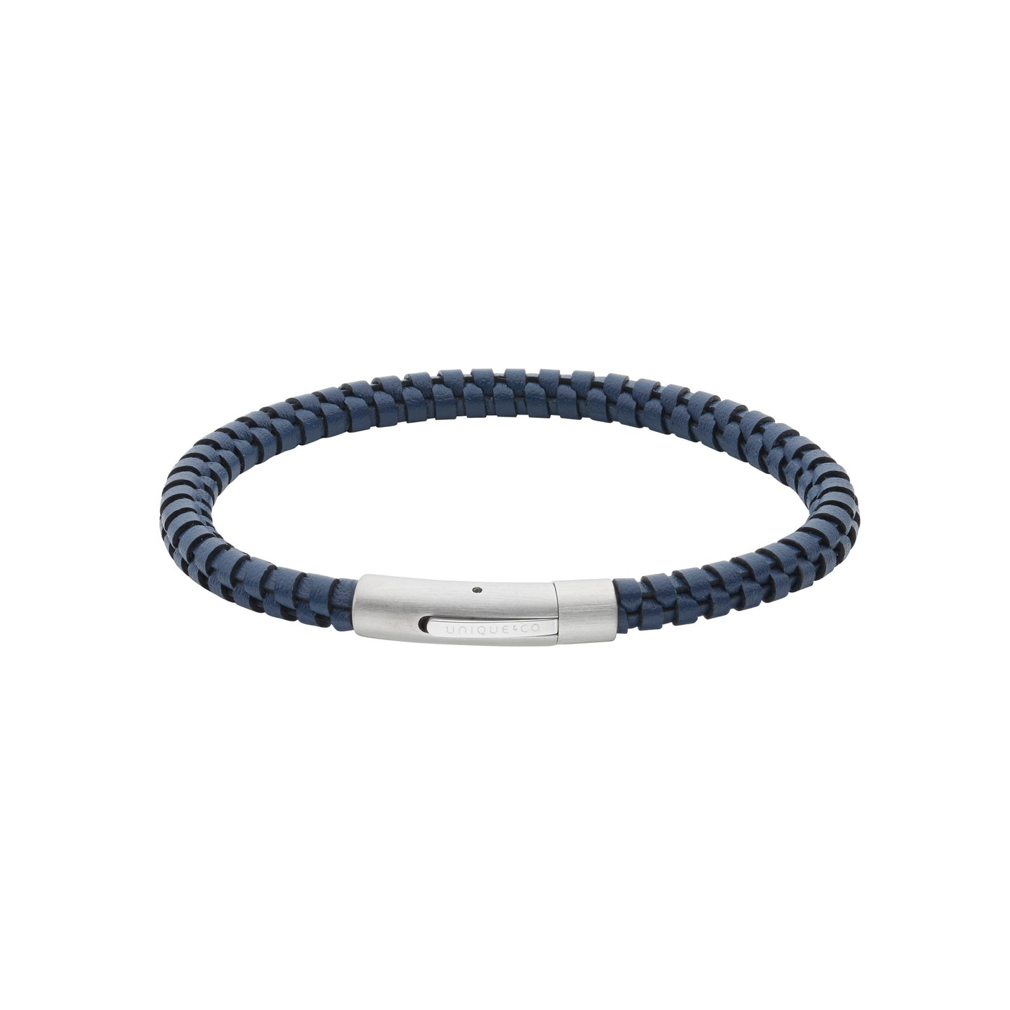 Unique & Co. 21cm Navy Leather Bracelet with Black Edge & Matte/Polished Steel Clasp