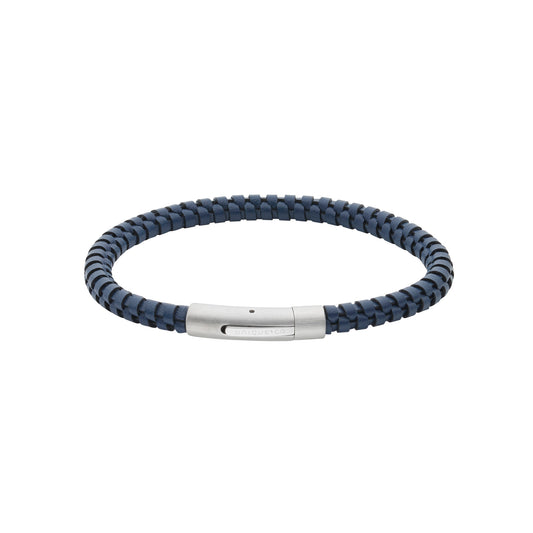 Unique & Co. 21cm Navy Leather Bracelet with Black Edge & Matte/Polished Steel Clasp