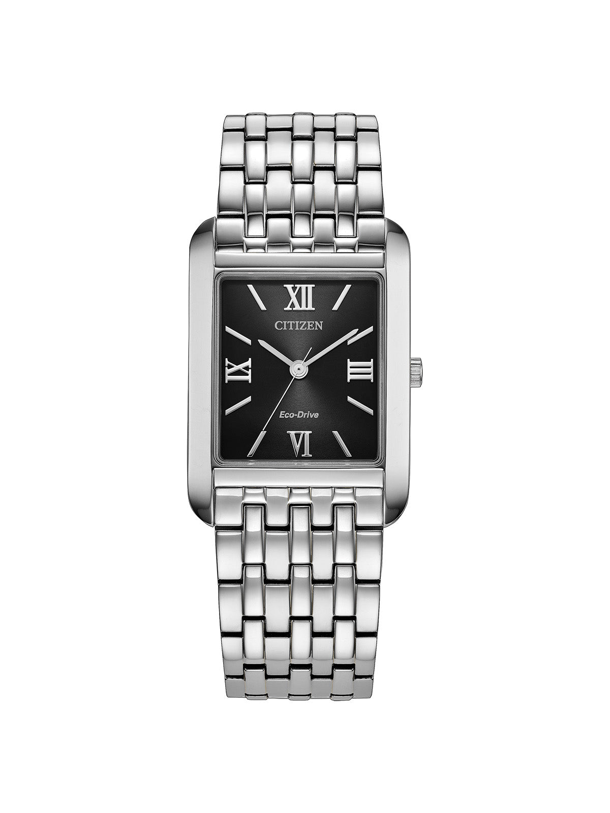 Citizen Eco-Drive with 36 x 26.5mm steel case, steel bracelet & black dial on a white background.