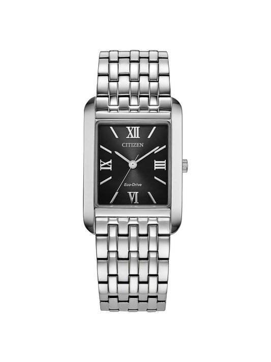 Citizen Eco-Drive with 36 x 26.5mm steel case, steel bracelet & black dial on a white background.