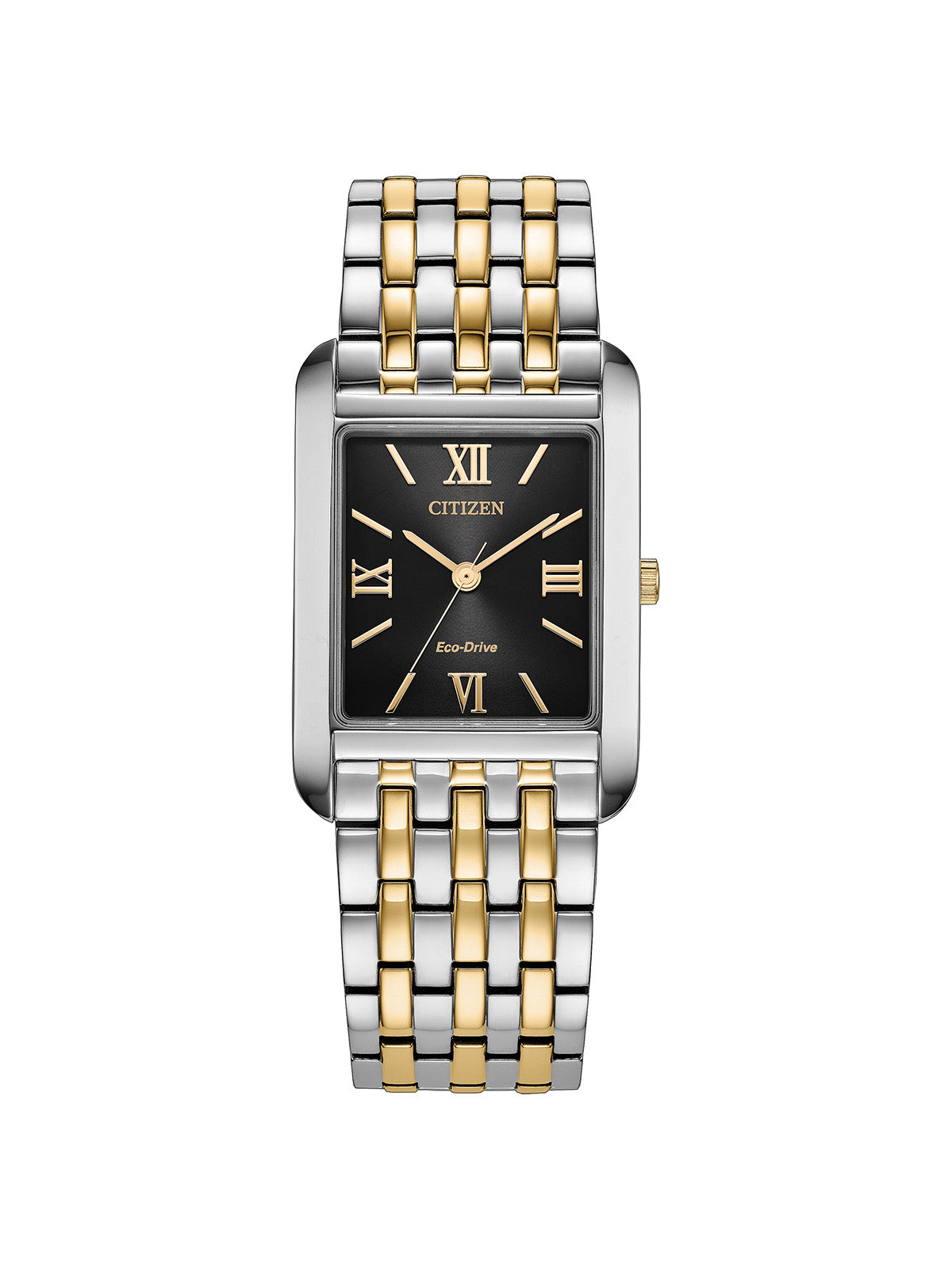 Citizen Eco-Drive with 36mm x 26.5mm case, two-tone steel bracelet & black dial on a white background.