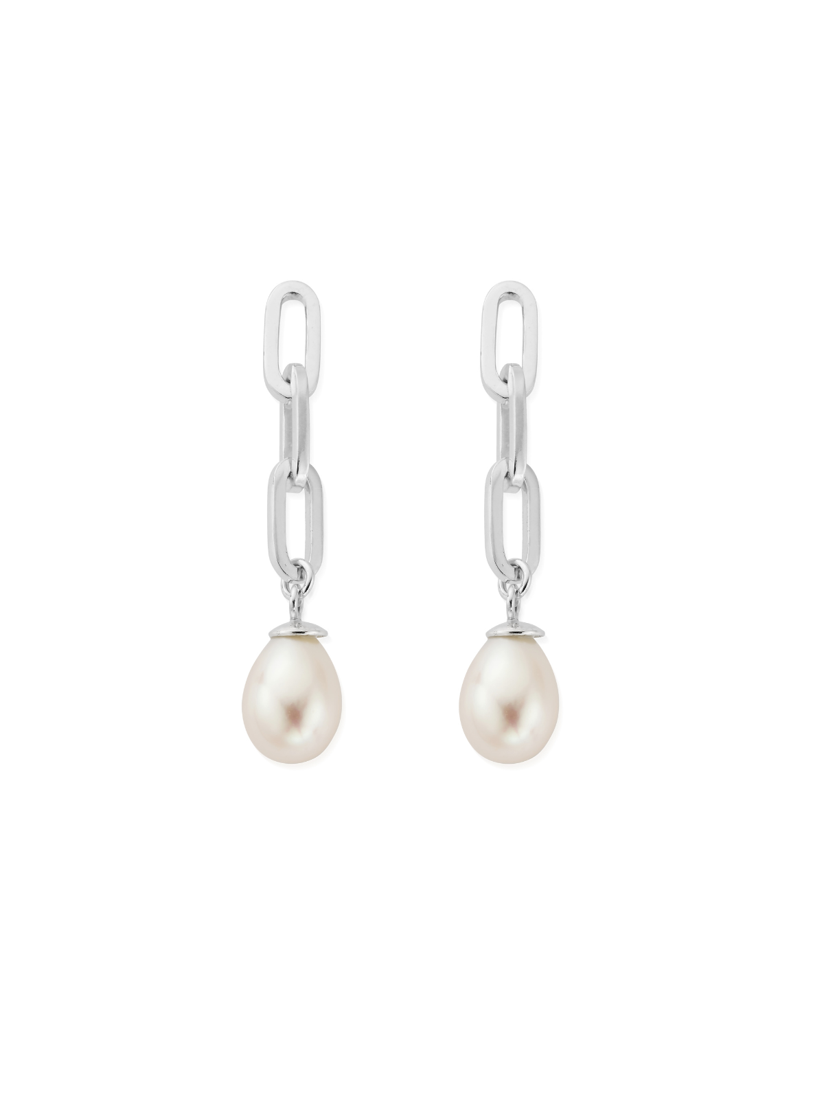 ChloBo Mini Link Pearl Drop Earrings in Silver