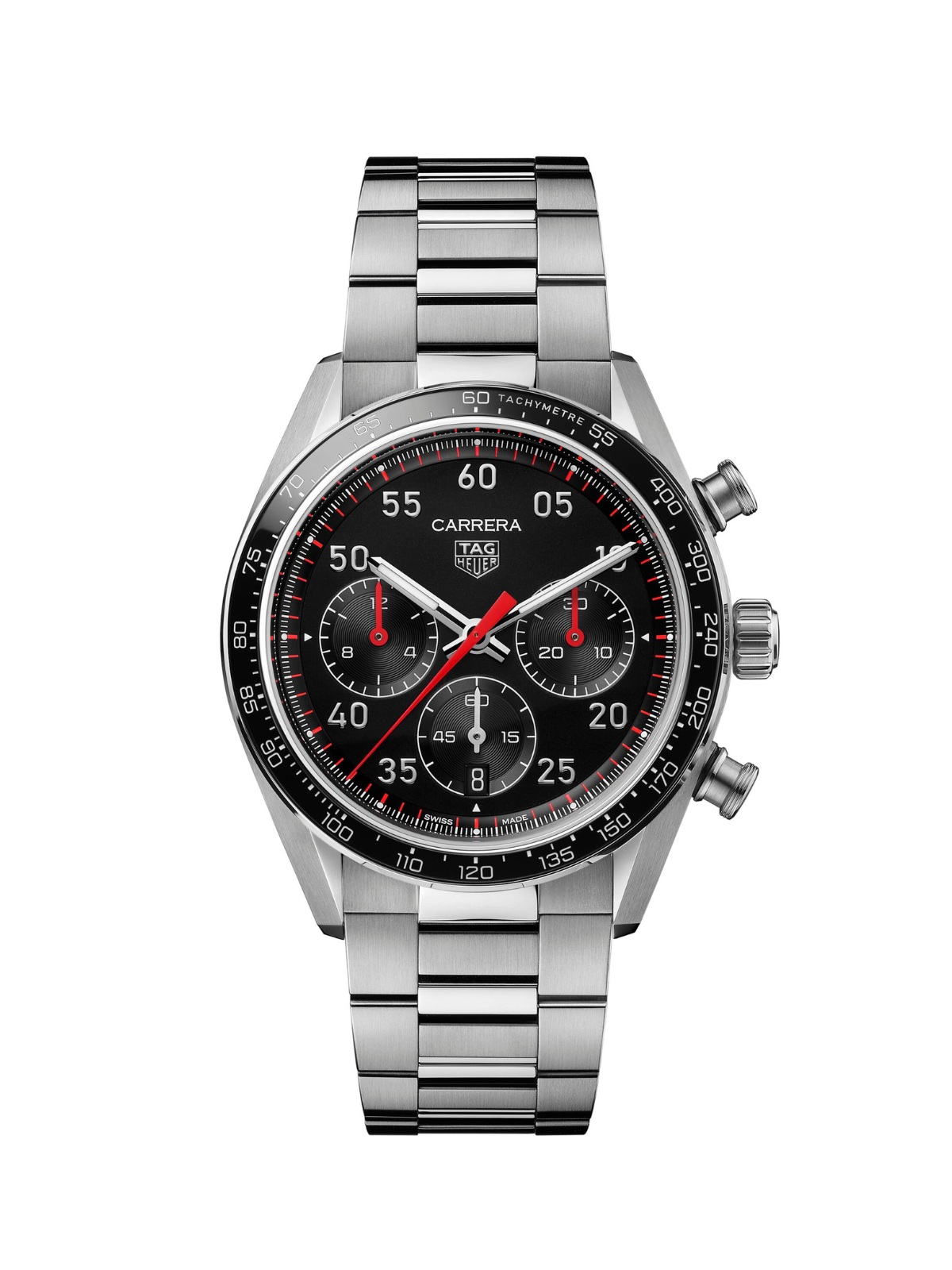 TAG Heuer Carrera Chronograph Sport with 42mm case, steel bracelet & black dial on a white background.