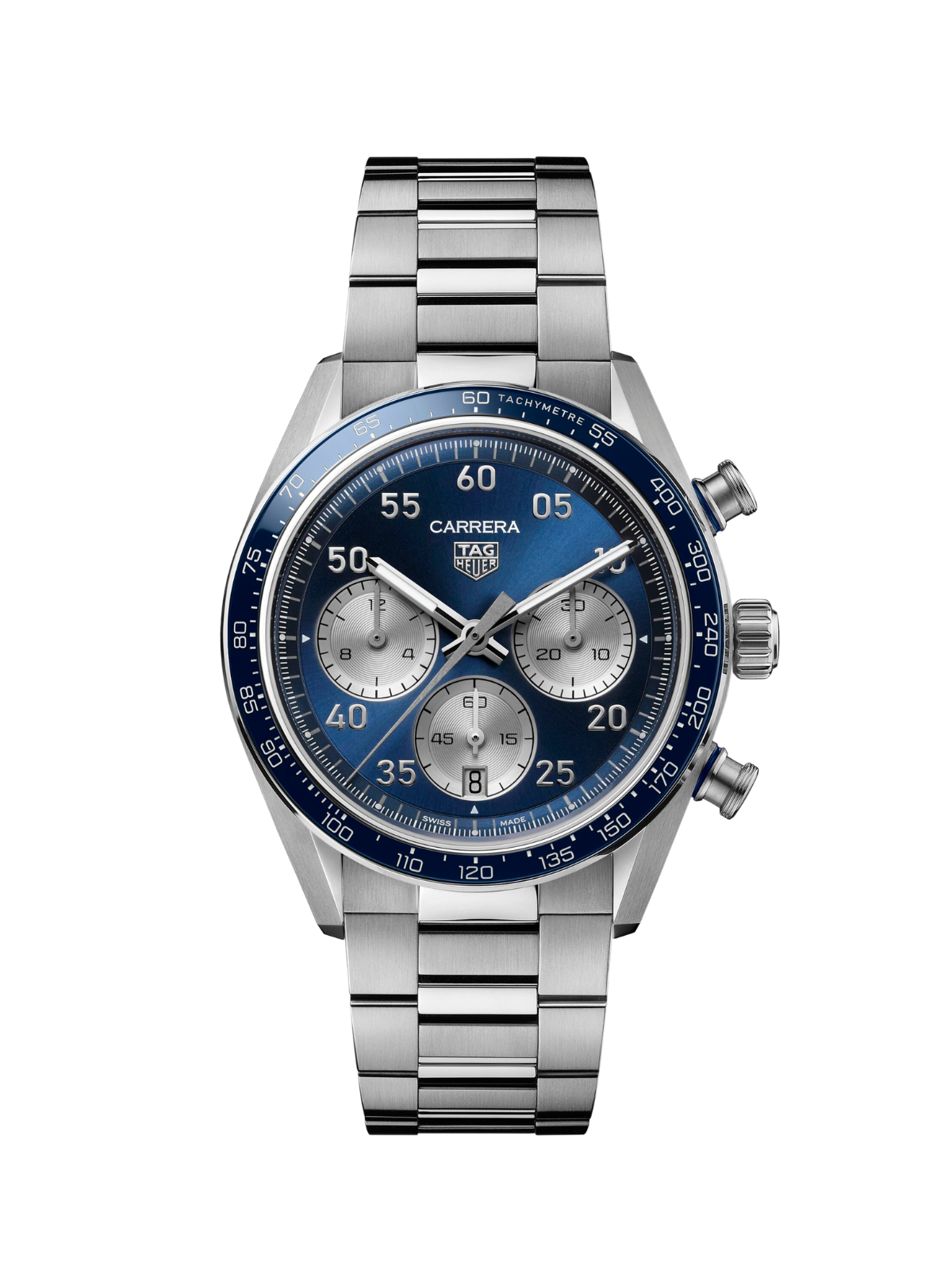 TAG Heuer Carrera Chronograph Sport with 42mm case, steel bracelet & blue dial on a white background.