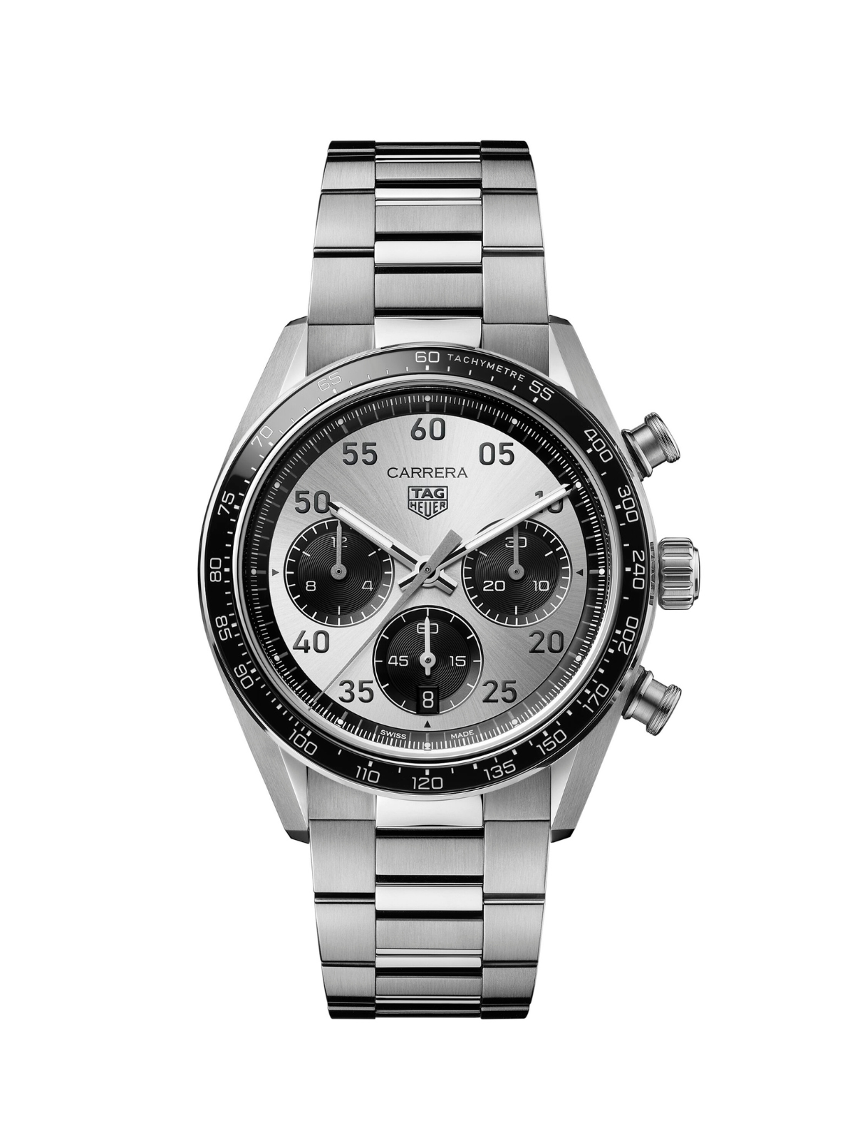 TAG Heuer Carrera Chronograph Sport with 42mm case, steel bracelet & silver dial on a white background.