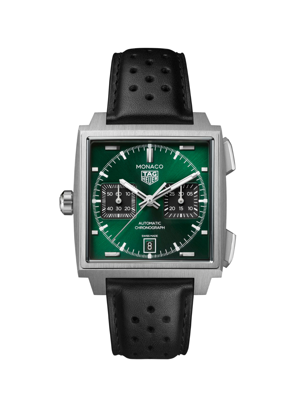 TAG Heuer Monaco with black leather strap and green dial on a white background.