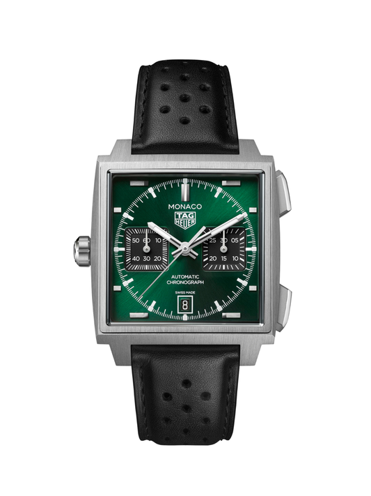 TAG Heuer Monaco with black leather strap and green dial on a white background.