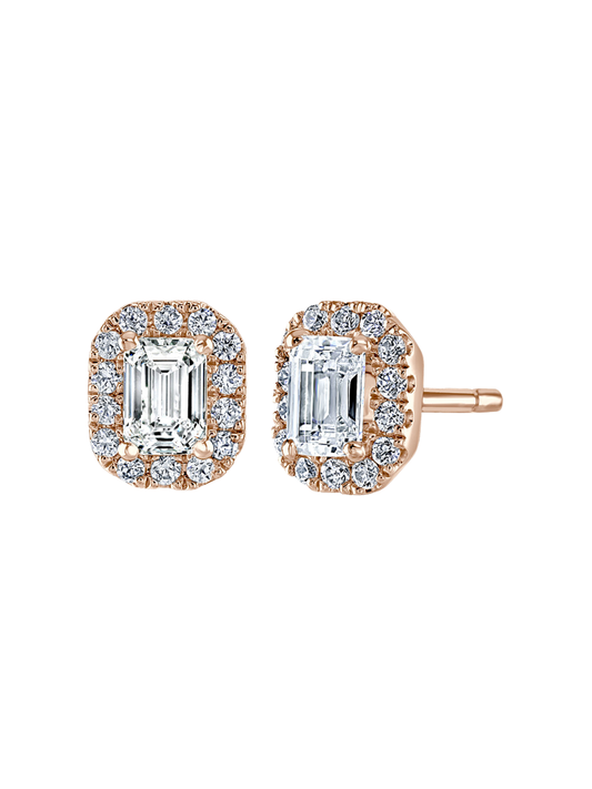 Lab Grown Diamond Halo Stud Earrings with 0.80ct of Emerald Cut & Round Brilliant Diamonds in 9ct Rose Gold