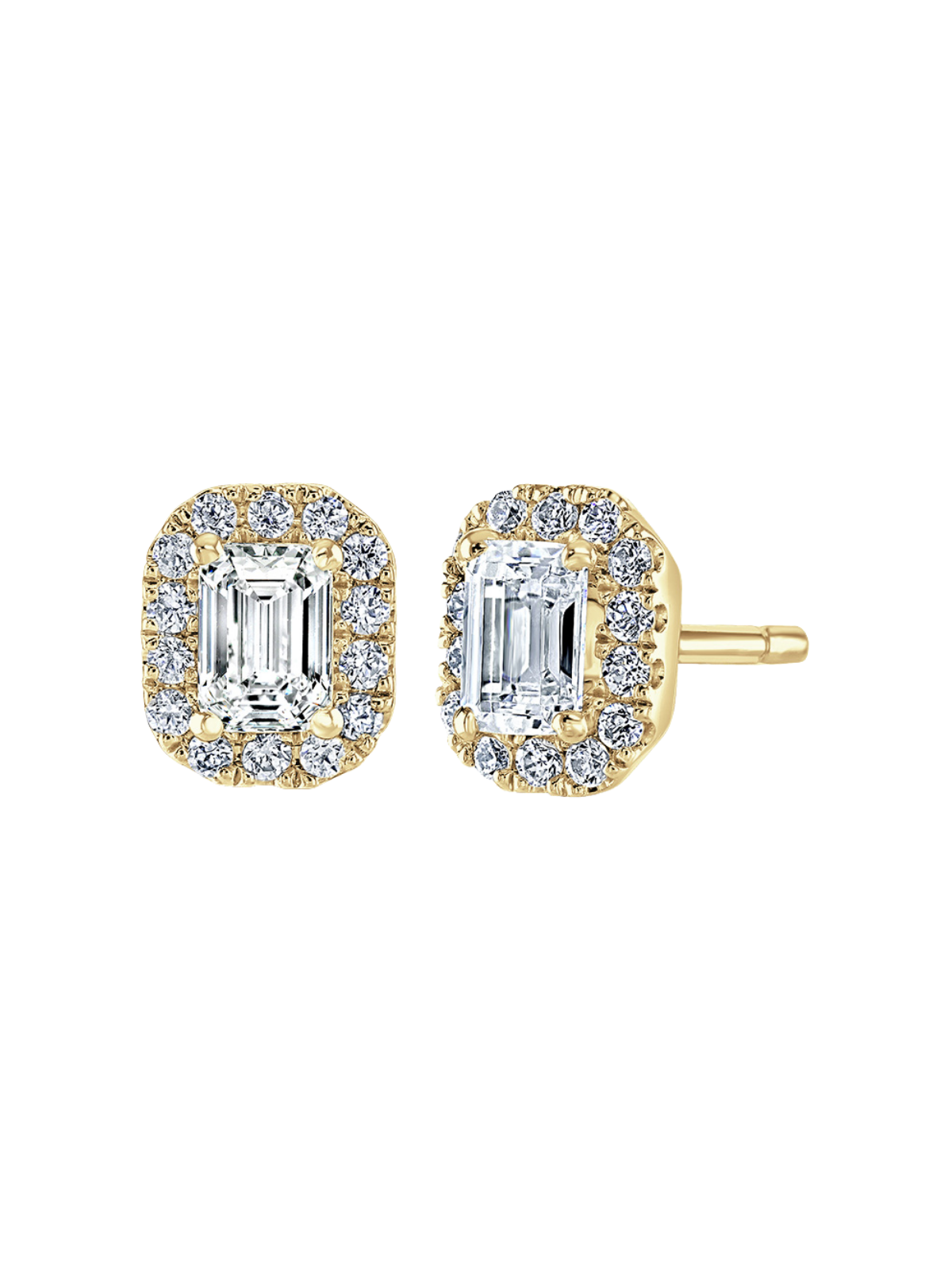 Lab Grown Diamond Halo Stud Earrings with 0.80ct of Emerald Cut & Round Brilliant Diamonds in 9ct Yellow Gold