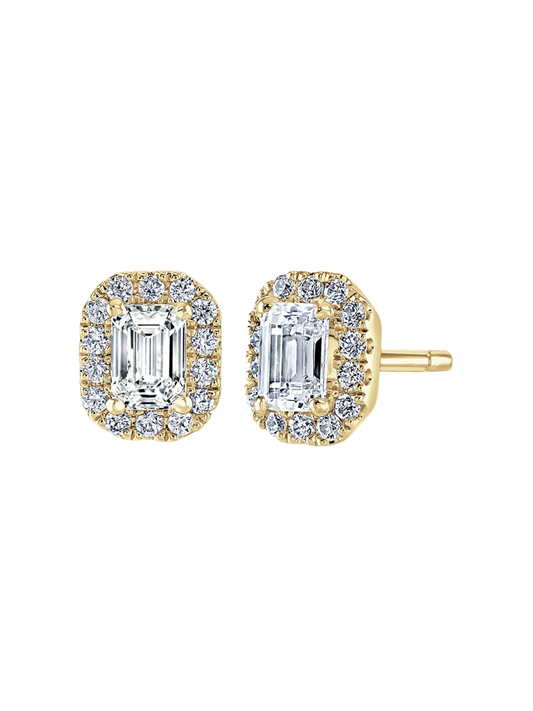 Lab Grown Diamond Halo Stud Earrings with 0.80ct of Emerald Cut & Round Brilliant Diamonds in 9ct Yellow Gold