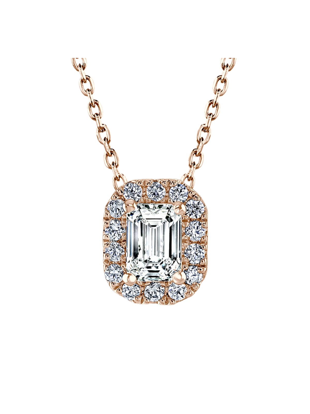 Lab Grown Diamond Halo Pendant with 0.65ct of Emerald Cut & Round Brilliant Diamonds in 9ct Rose Gold