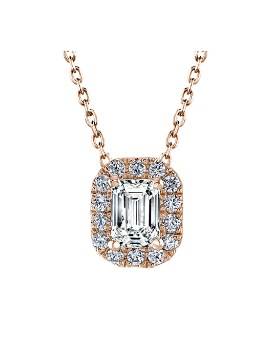 Lab Grown Diamond Halo Pendant with 0.65ct of Emerald Cut & Round Brilliant Diamonds in 9ct Rose Gold