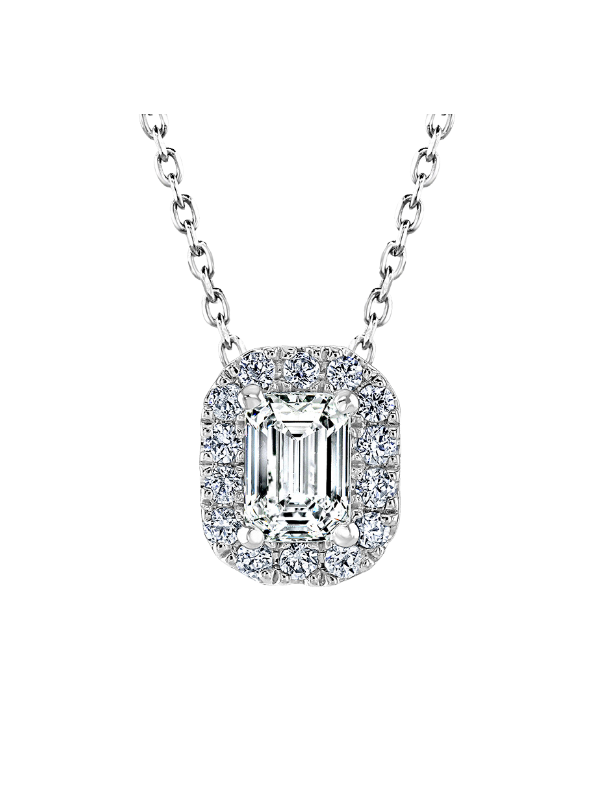 Lab Grown Diamond Halo Pendant with 0.65ct of Emerald Cut & Round Brilliant Diamonds in 9ct White Gold