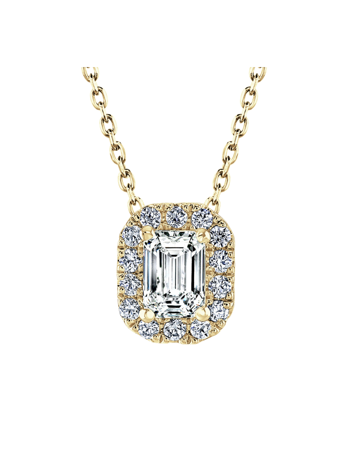 Lab Grown Diamond Halo Pendant with 0.65ct of Emerald Cut & Round Brilliant Diamonds in 9ct Yellow Gold