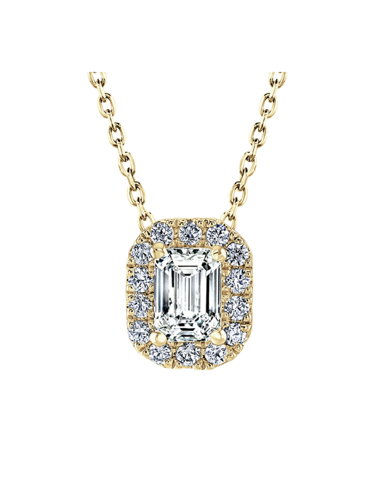 Lab Grown Diamond Halo Pendant with 0.65ct of Emerald Cut & Round Brilliant Diamonds in 9ct Yellow Gold