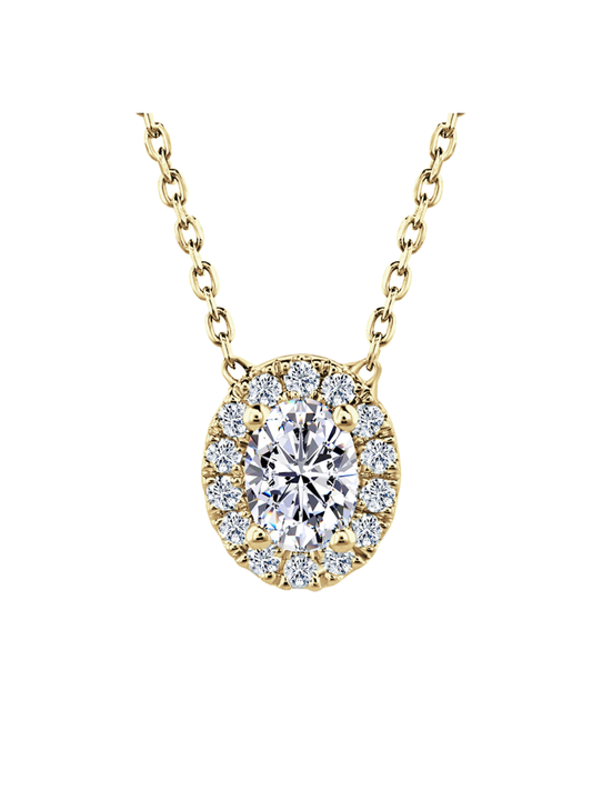 Lab Grown Diamond Halo Pendant with 0.65ct of Oval & Round Brilliant Diamonds in 9ct Yellow Gold