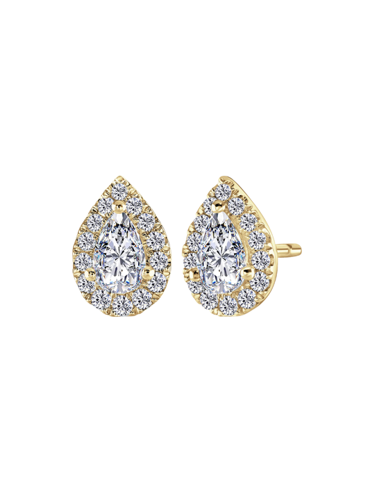 Lab Grown Diamond Halo Stud Earrings with 0.90ct of Pear & Round Brilliant Diamonds in 9ct Yellow Gold