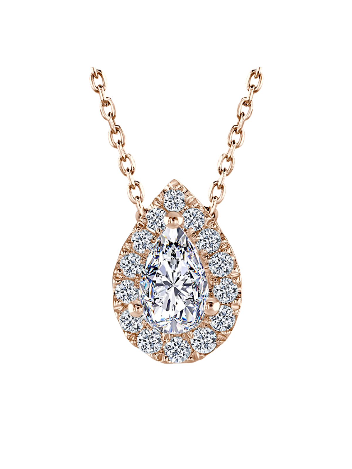 Lab Grown Diamond Halo Pendant with 0.65ct of Pear & Round Brilliant Diamonds in 9ct Rose Gold