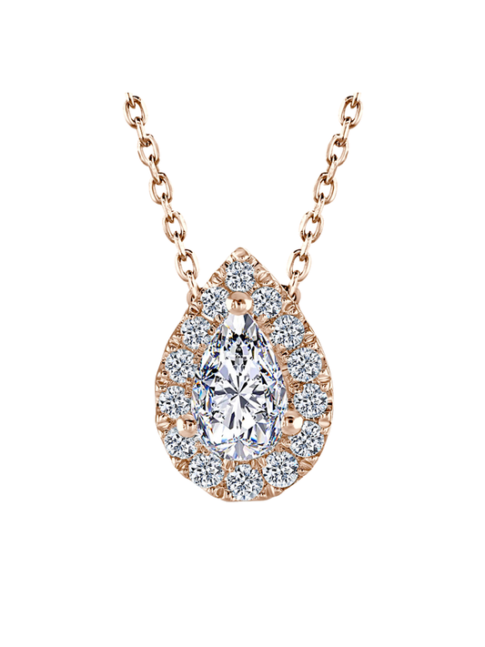 Lab Grown Diamond Halo Pendant with 0.65ct of Pear & Round Brilliant Diamonds in 9ct Rose Gold