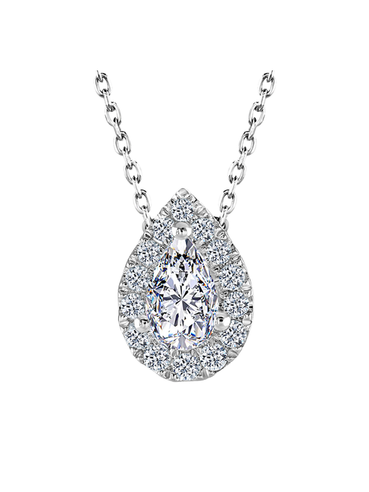 Lab Grown Diamond Halo Pendant with 0.65ct of Pear & Round Brilliant Diamonds in 9ct White Gold