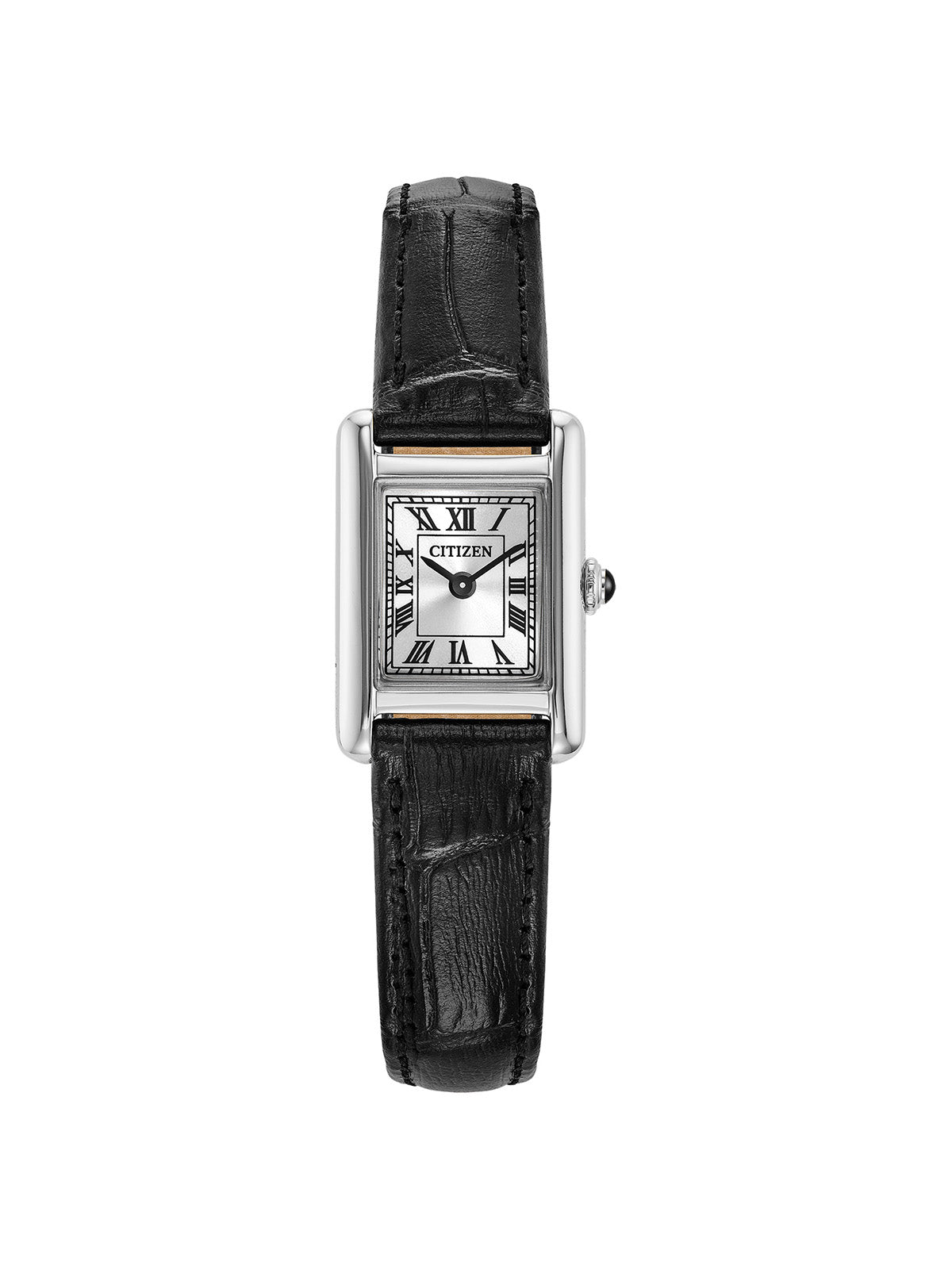Citizen Fio Roma watch with a black leather strap and silver dial on a white background.
