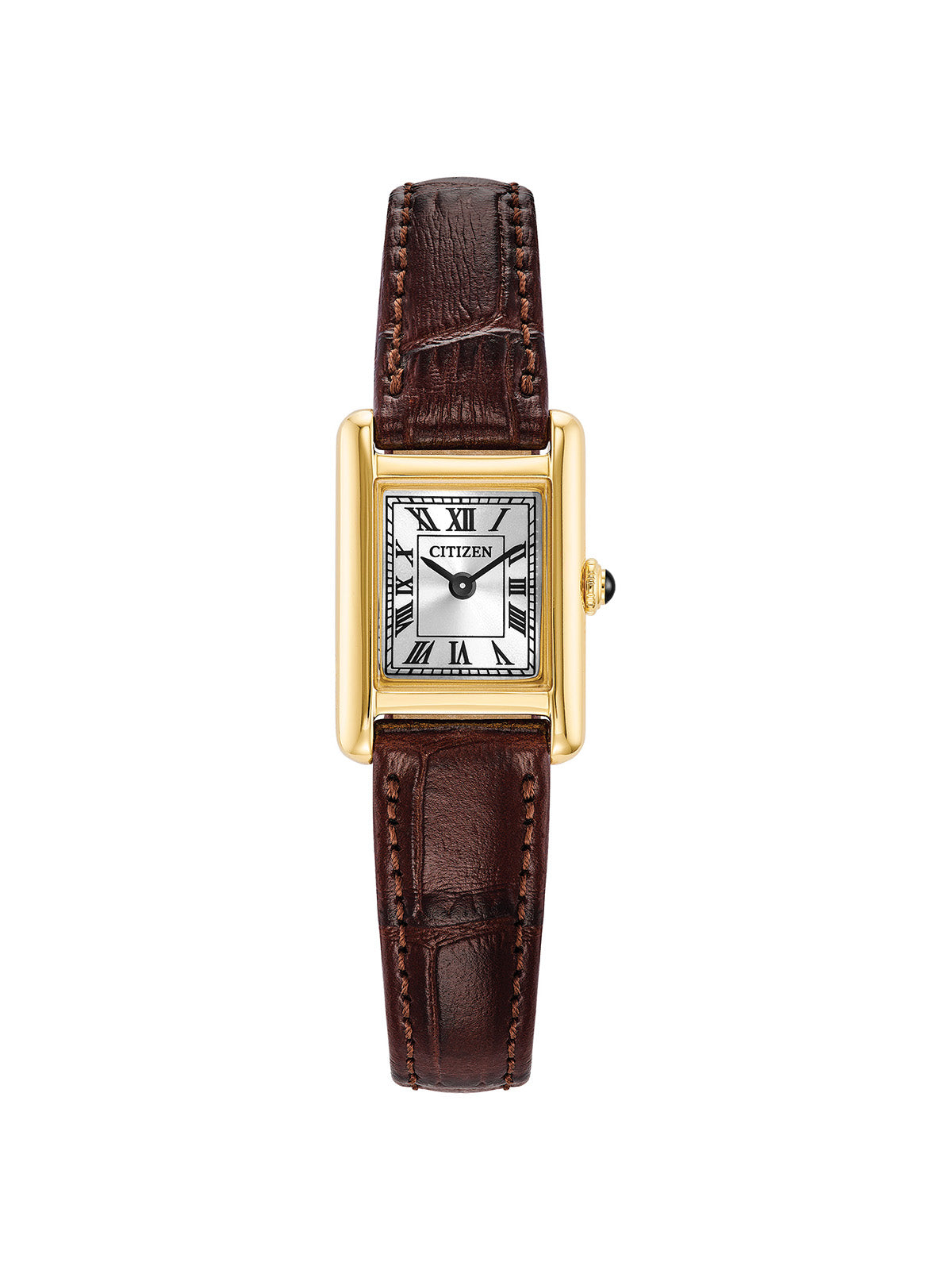 Citizen Fio Roma gold-tone watch with a brown leather strap and silver dial on a white background.