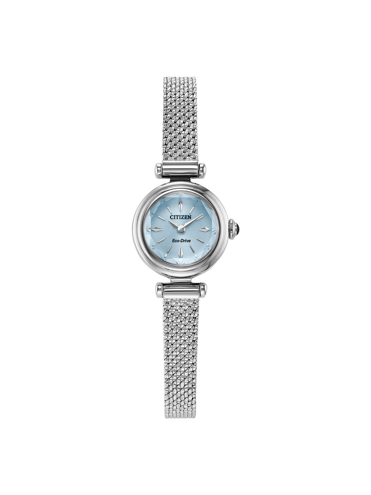 Citizen Eco-Drive Fio watch with a steel bracelet and blue dial on a white background.