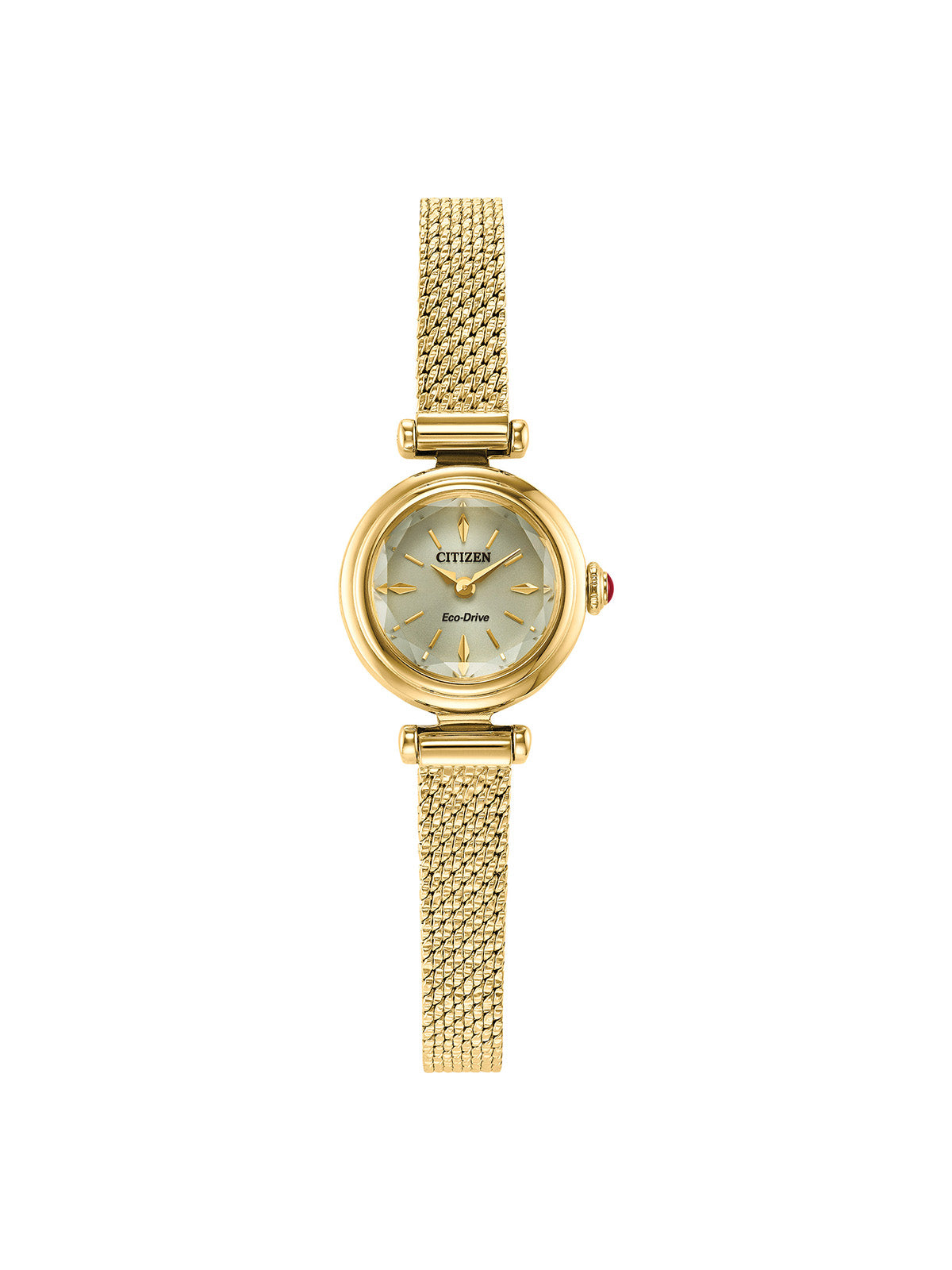 Citizen Fio watch with a gold-tone bracelet and champagne dial on a white background.