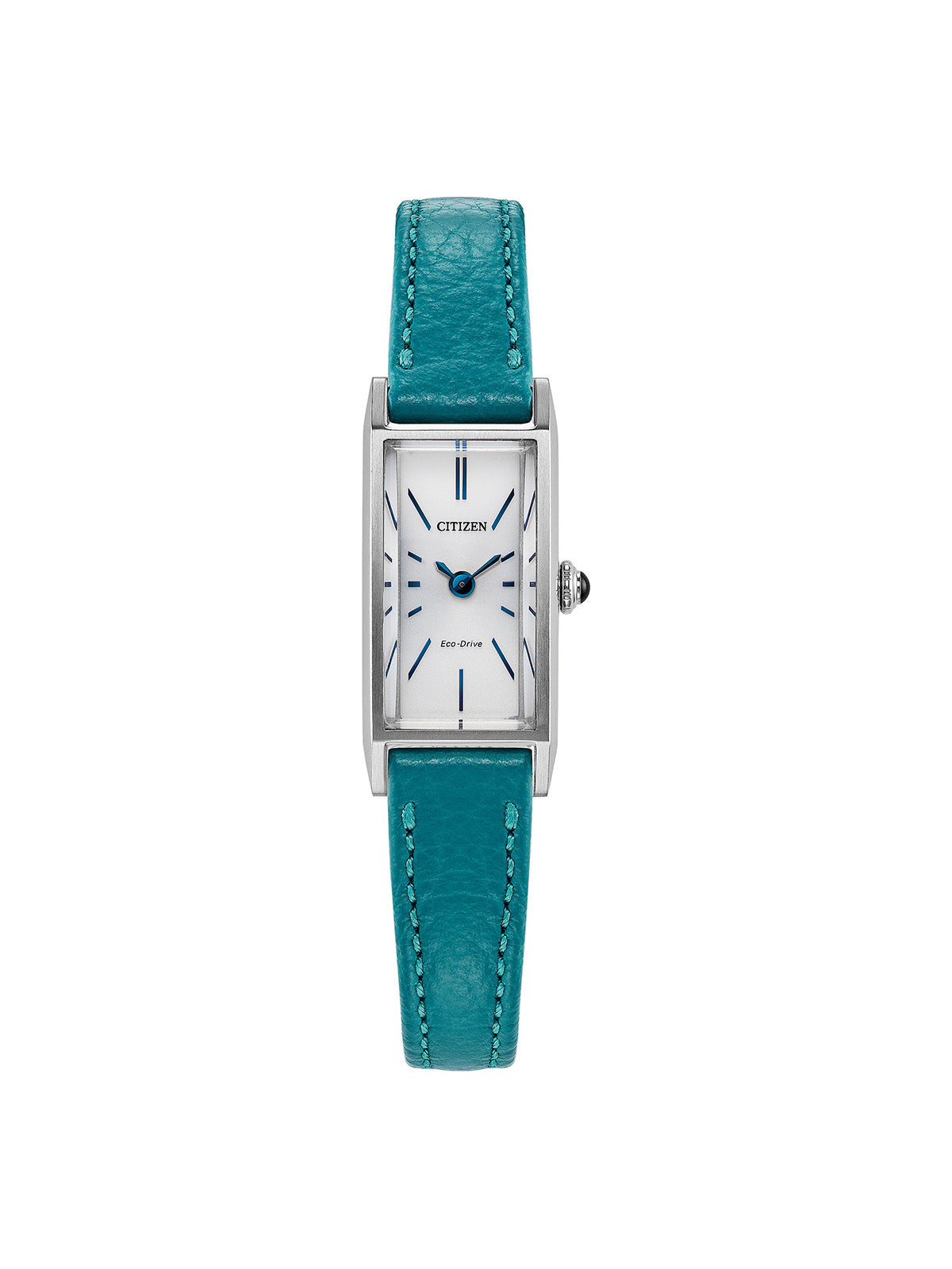 Citizen Fio watch with a teal leather strap and white dial on a white background.