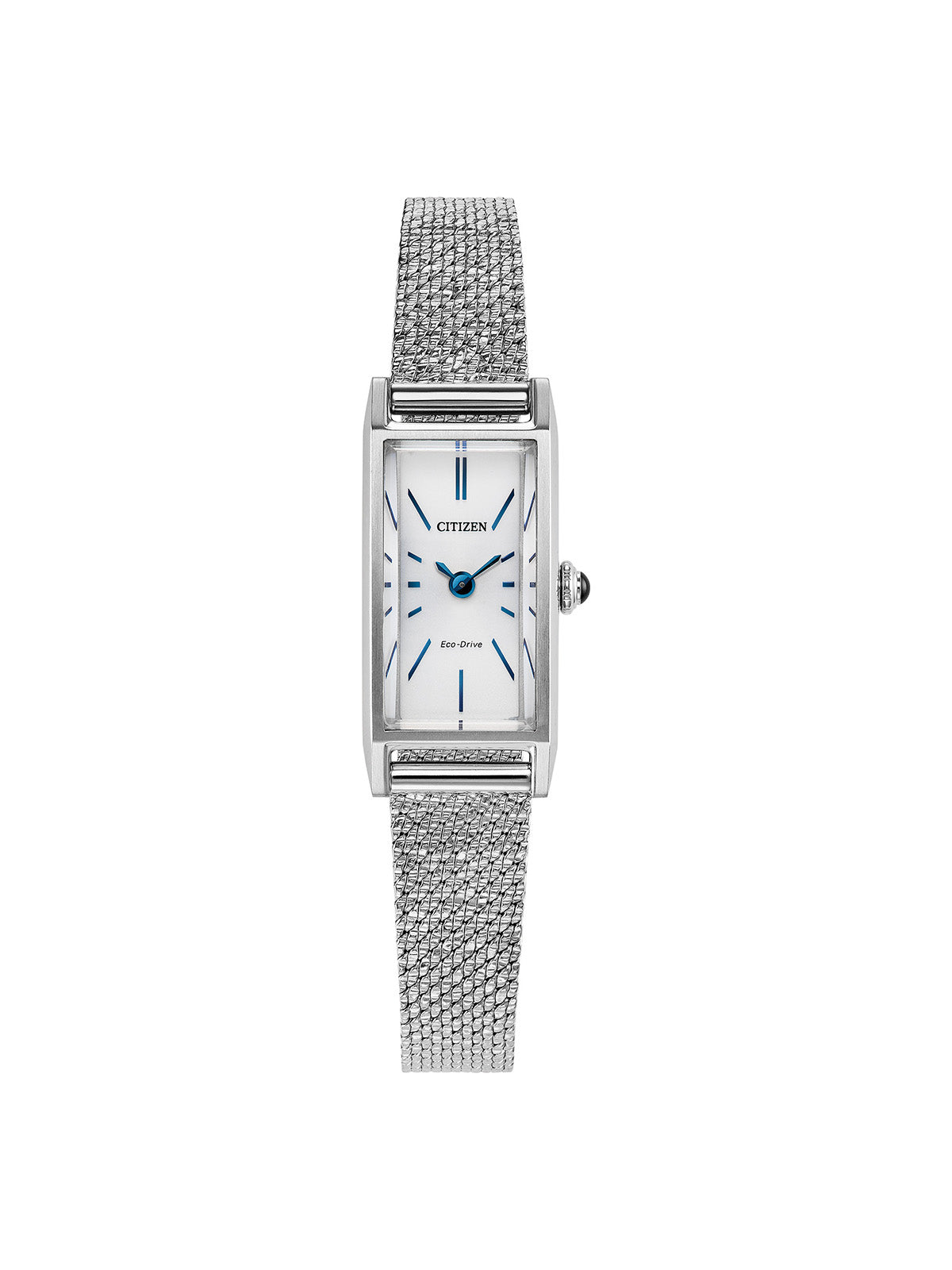 Citizen Eco-Drive Fio watch with a steel bracelet and white dial on a white background.