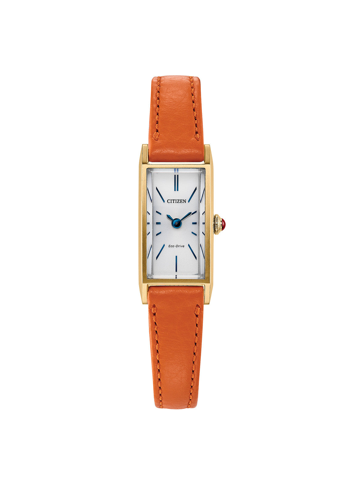 Citizen Fio watch with an orange leather strap and white dial on a white background.
