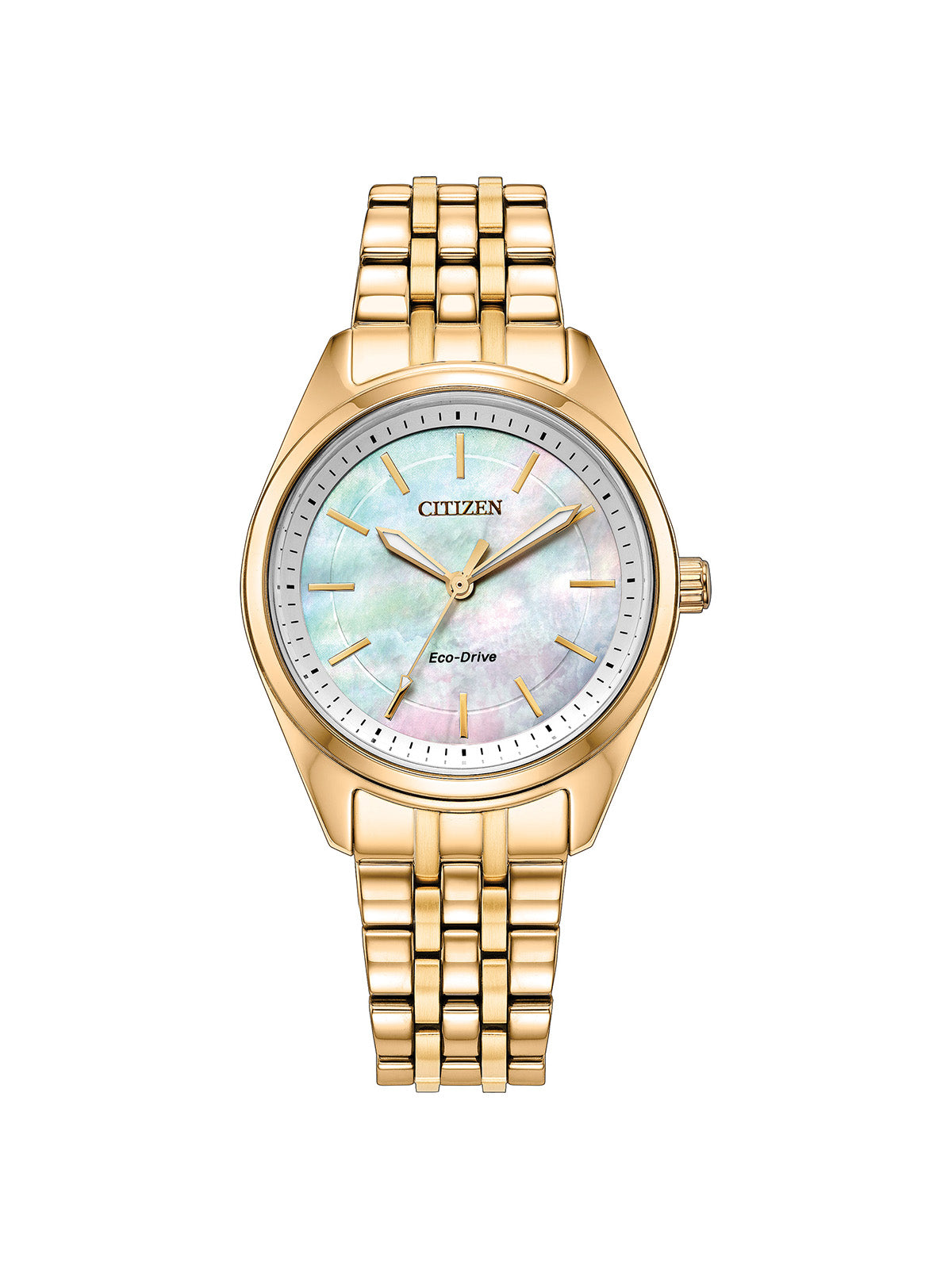 Citizen Eco-Drive Peyten with 30mm case, gold-tone bracelet and white mother of pearl dial on a white background.