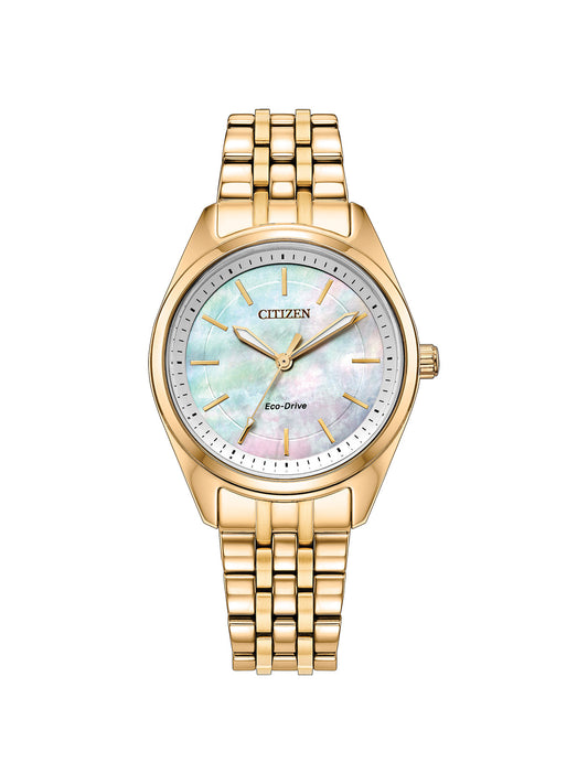 Citizen Eco-Drive Peyten with 30mm case, gold-tone bracelet and white mother of pearl dial on a white background.