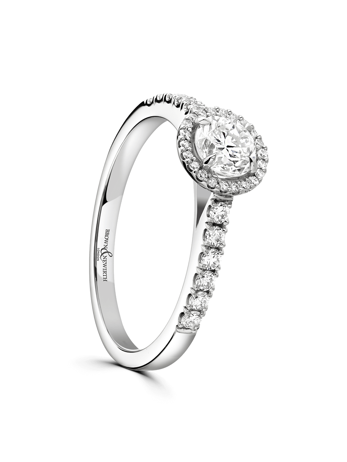 Diamond Halo Engagement Ring 0.70ct Brilliant Cut in Platinum with Diamond Set Shoulders