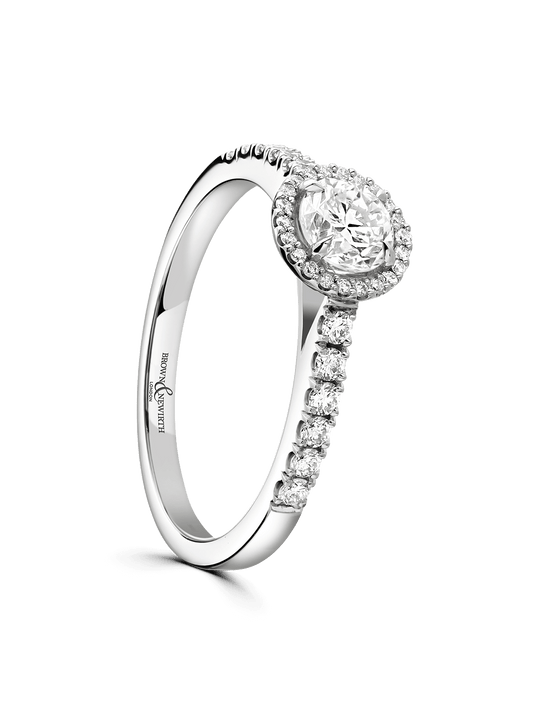 Diamond Halo Engagement Ring 0.70ct Brilliant Cut in Platinum with Diamond Set Shoulders
