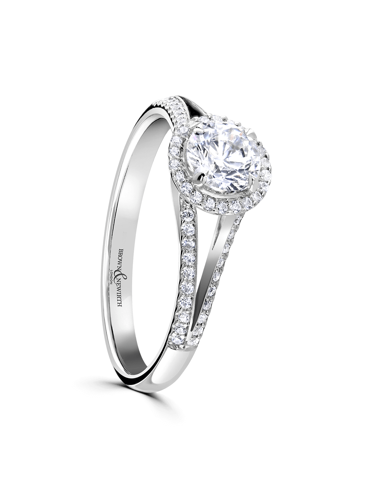 Diamond Halo Engagement Ring 0.50ct Brilliant Cut in Platinum with Diamond Set Split Shoulders