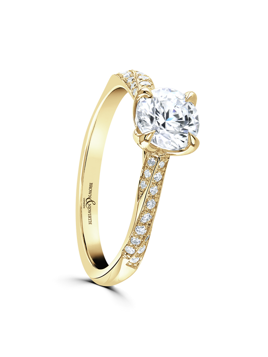 Brown & Newirth Azalea 0.50ct Brilliant Cut Certificated Diamond Solitaire Engagement Ring in 18ct Yellow Gold with Diamond Set Shoulders