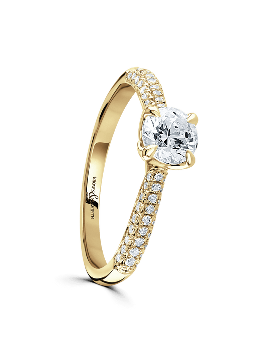 Diamond Solitaire Engagement Ring 0.70ct Brilliant Cut in 18ct Yellow Gold with Diamond Set Shoulders