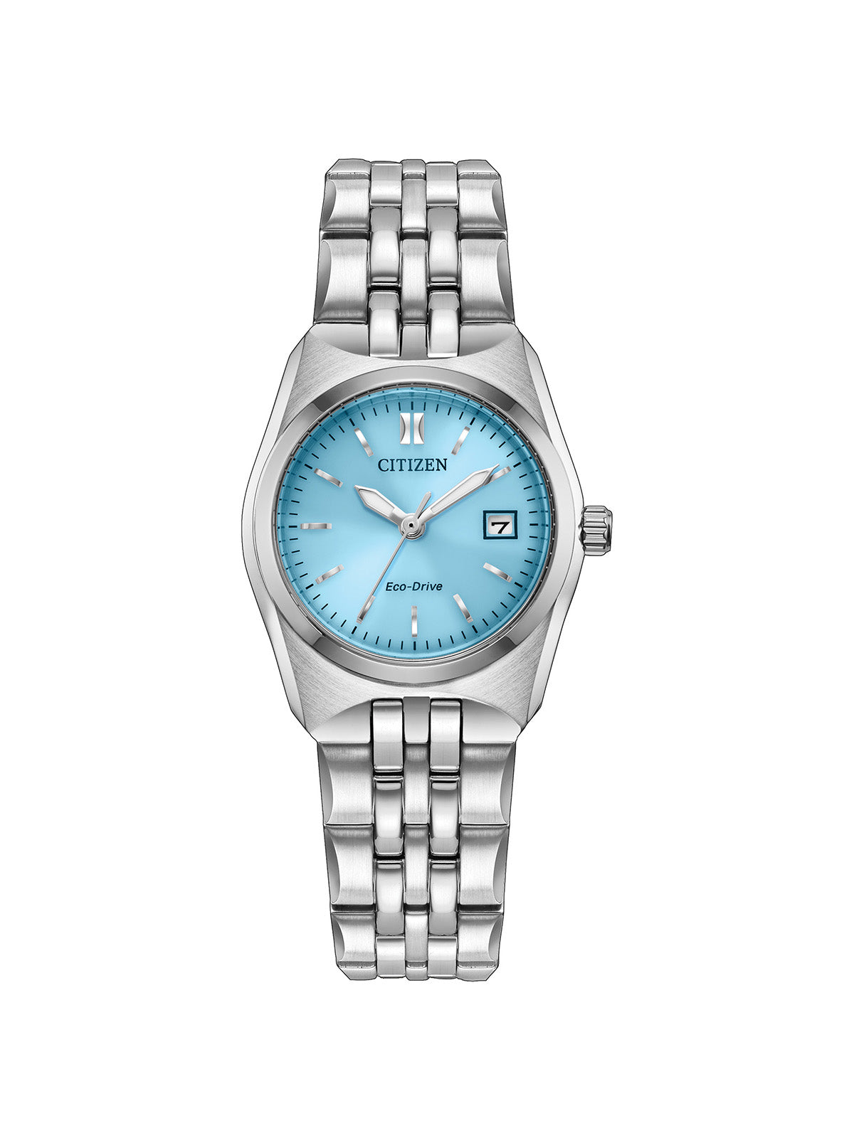 Citizen Eco-Drive Corso with 27mm case, steel bracelet and blue dial on a white background.