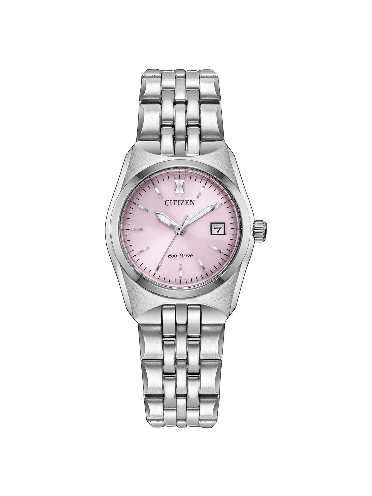 Citizen Eco-Drive Corso with 27mm case, steel bracelet and pink dial on a white background.