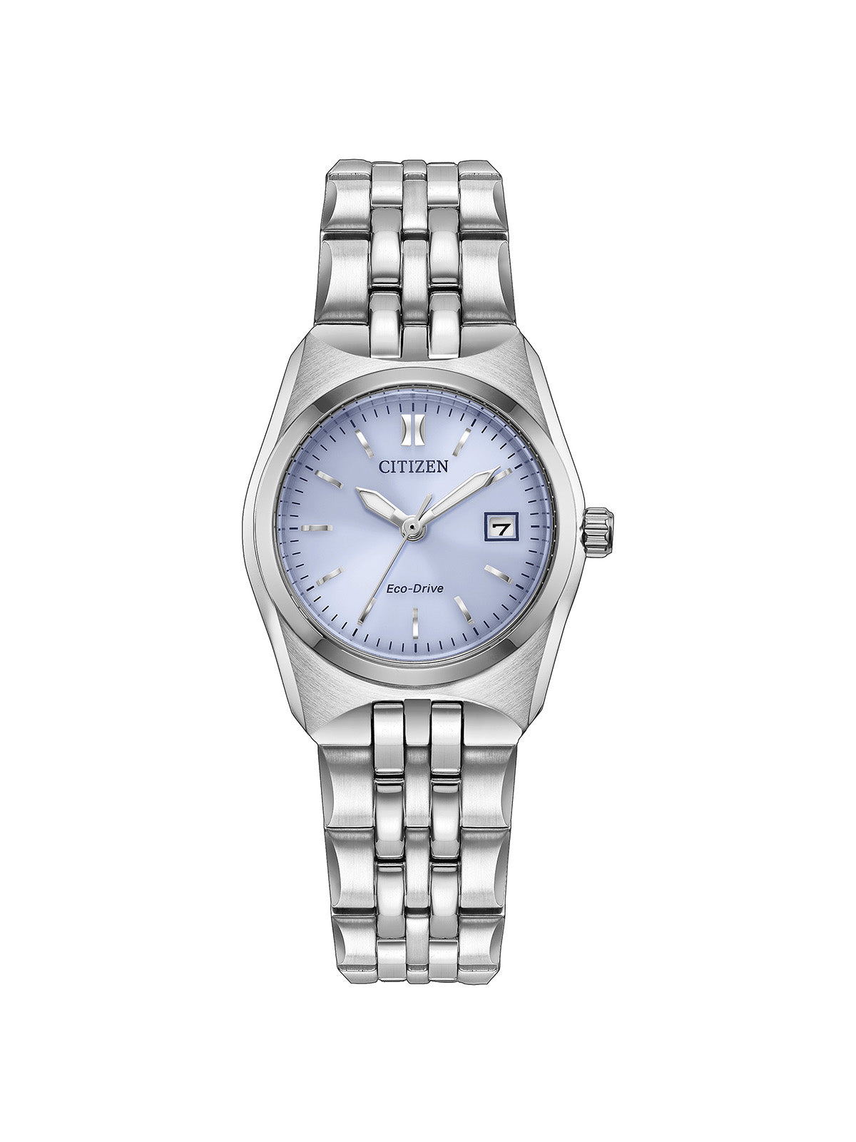 Citizen Eco-Drive Corso with 27mm case, steel bracelet and purple dial on a white background.