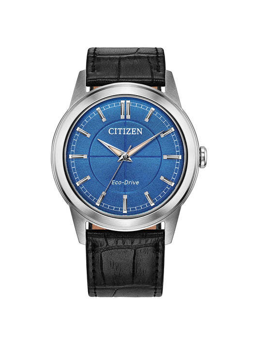Citizen Eco-Drive with black leather strap and blue dial on a white background.