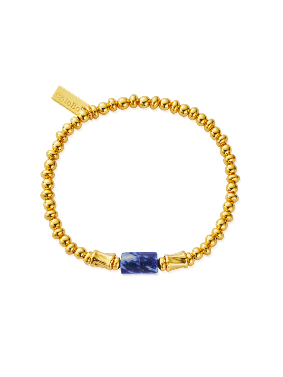 Yellow gold-plated bead bracelet with sodalite centre stone and ChloBo tag on a white background.