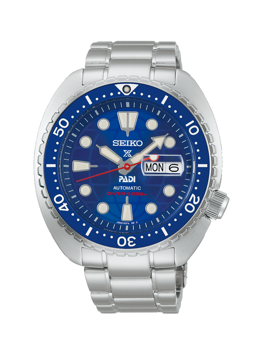 Seiko Prospex Mechanical PADI 60th Anniversary 'King Turtle' Limited Edition with steel bracelet and blue dial on a white background.