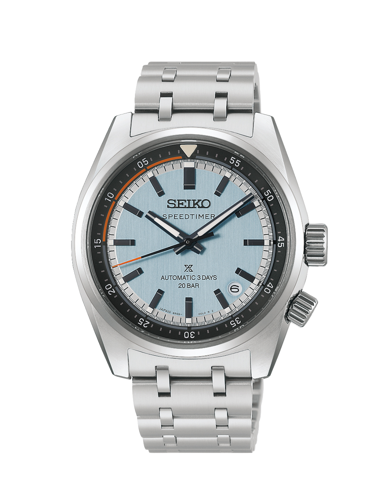 Seiko Prospex 'Heritage Motoring' Countdown Speedtimer with 39.5mm case, steel bracelet & powder blue dial on a white background.