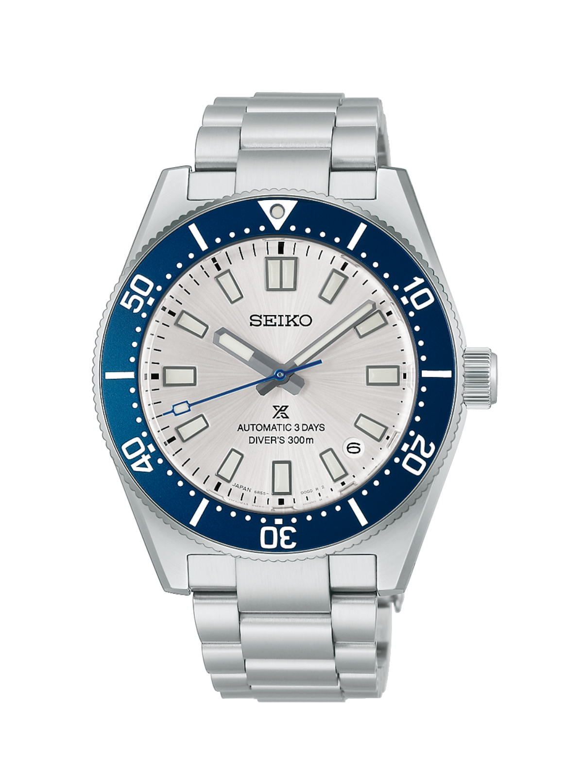 Seiko Prospex with steel bracelet and silver dial on a white background.