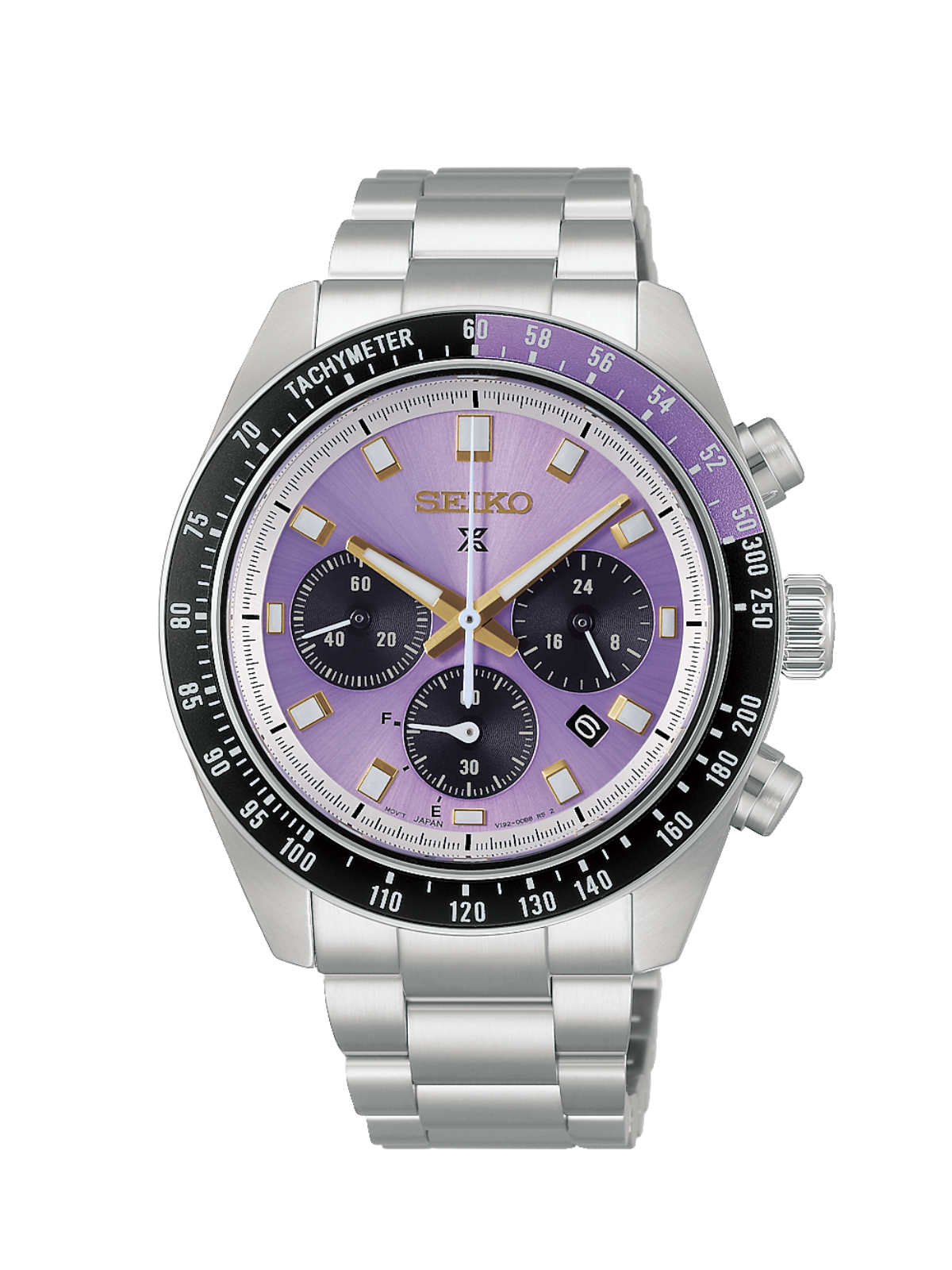 Seiko 145th Anniversary Speedtimer Solar Chronograph with 41.4mm case, black and purple aluminium bezel, steel bracelet & purple dial on a white background.