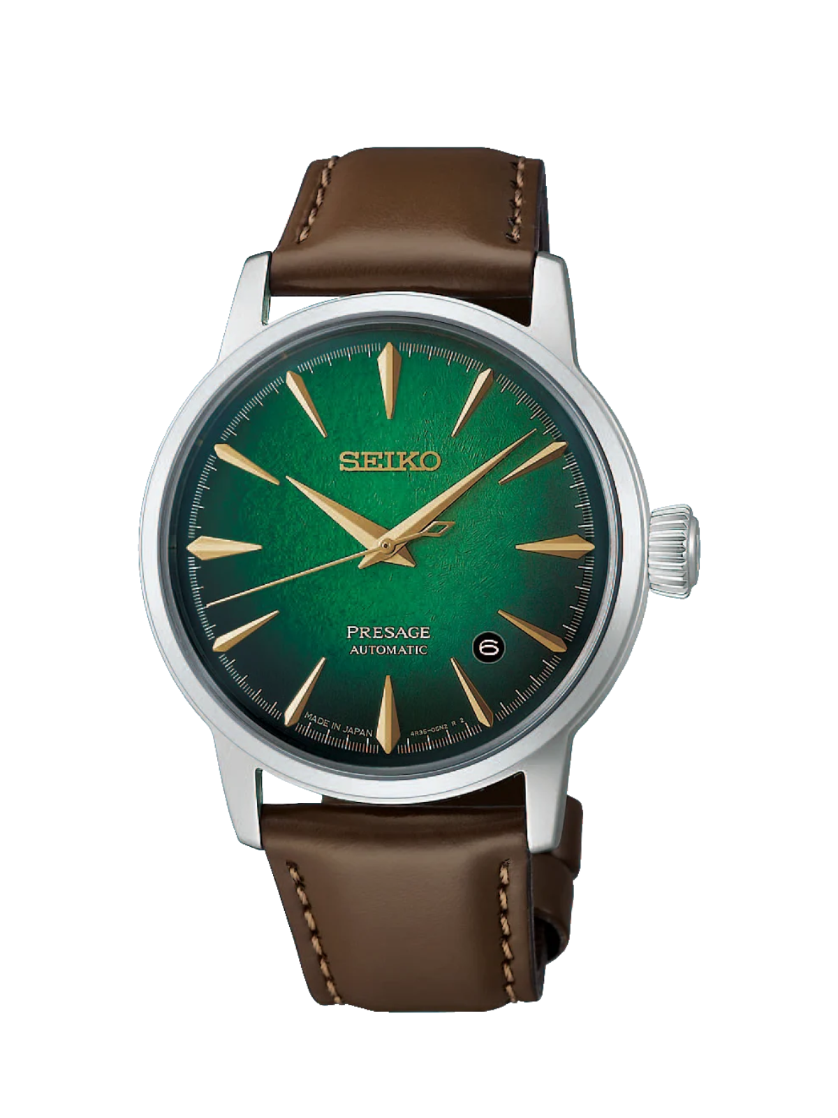 Seiko Presage Cocktail Time Crushed Ice 'Mint Mist' with 38.5mm case, brown leather strap & green dial on a white background.