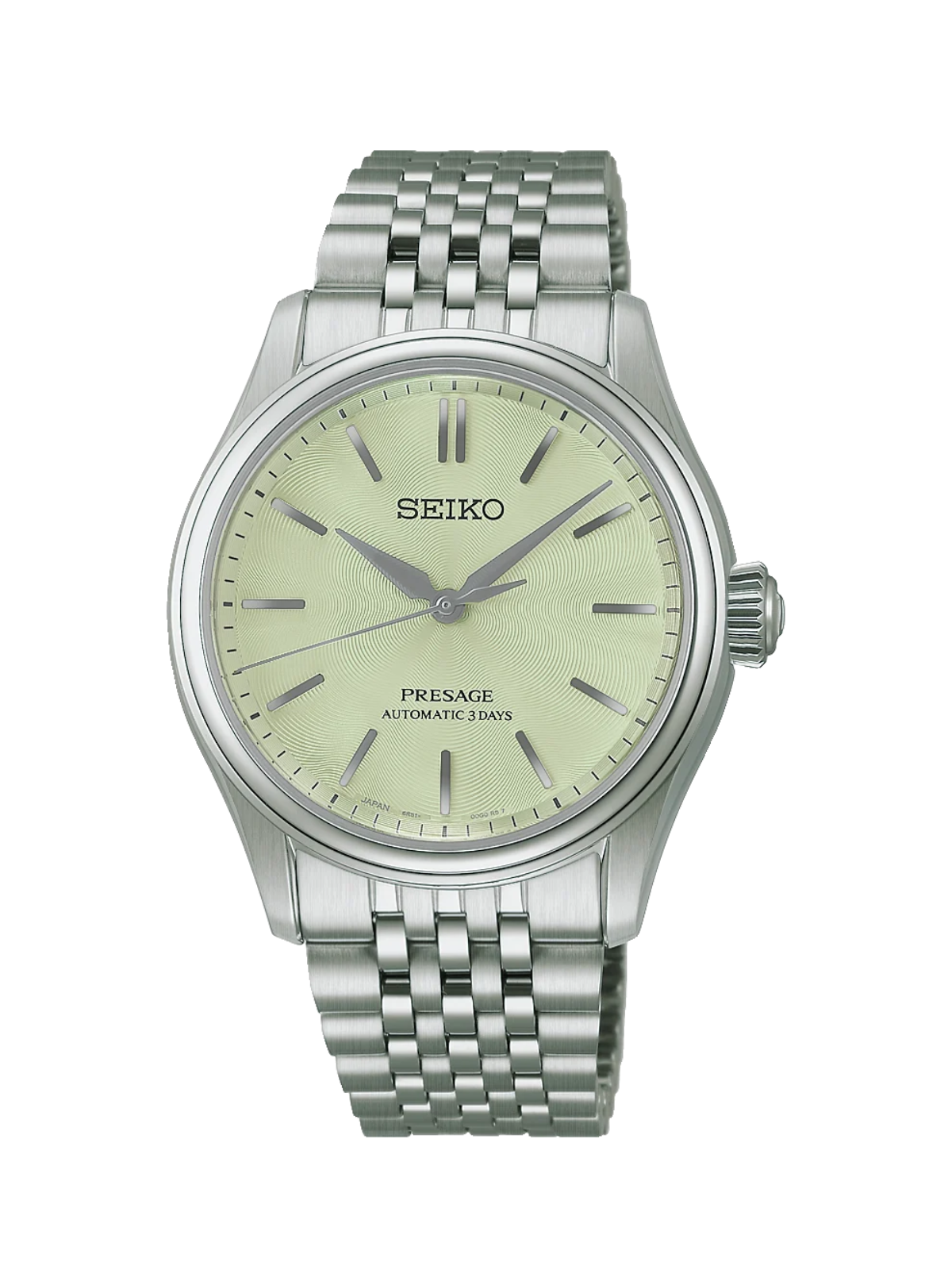 Seiko Presage Classic Series 'Wakatake Iro' with steel bracelet and green dial on a white background.